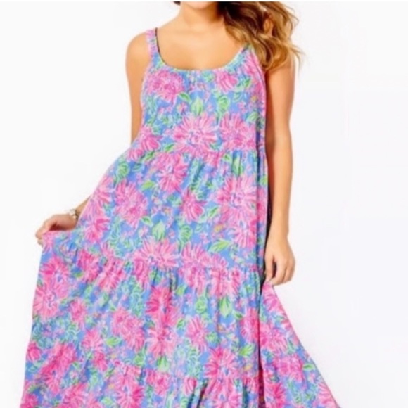 Lilly Pulitzer Loro Midi Tiered Dress - Size L - Blue Peri Sunrise Bay - Picture 5 of 12